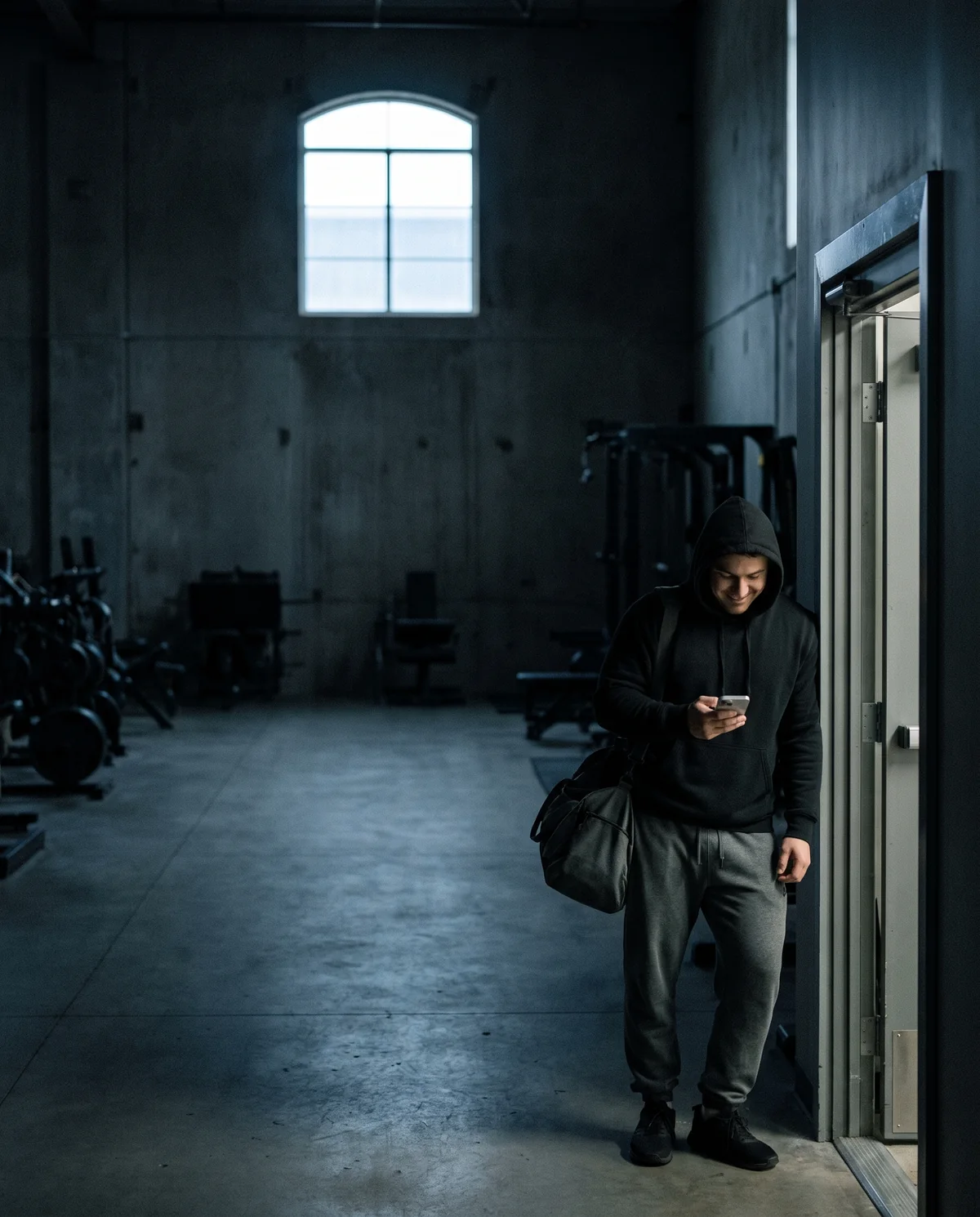 A client arriving at a quiet gym at dawn, bag on shoulder, smiling at their phone
