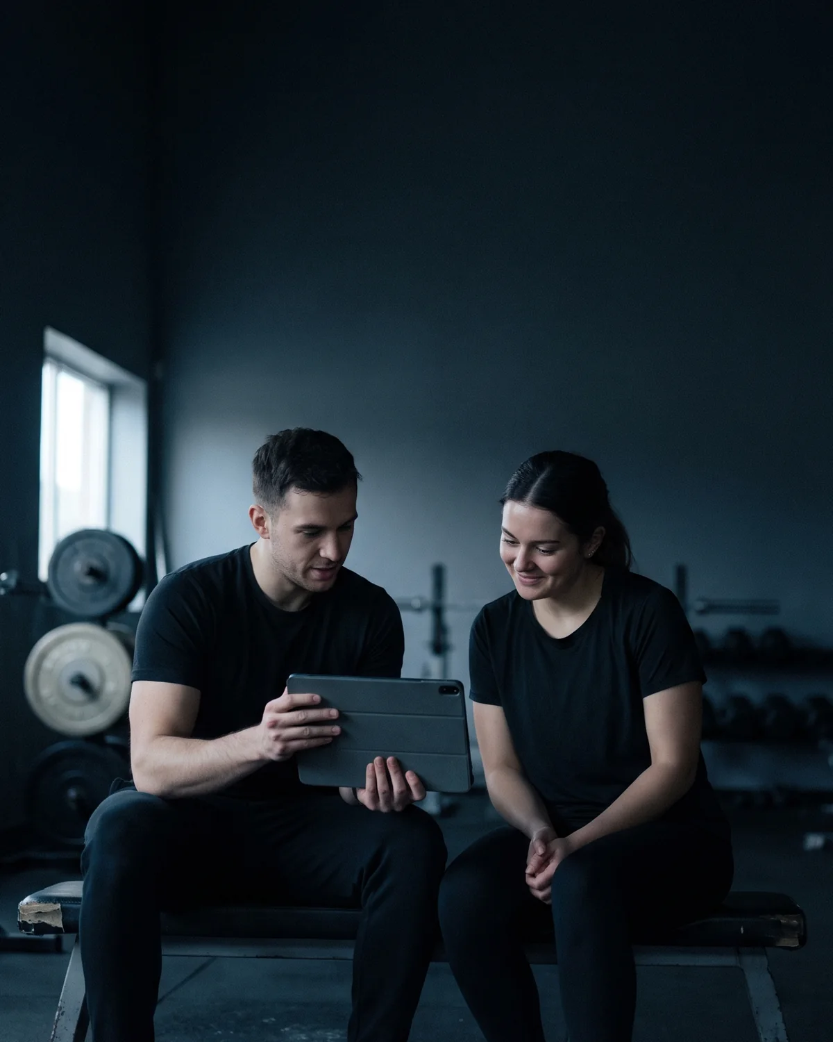 A coach and client sitting on a bench after a session, looking at a tablet together and smiling